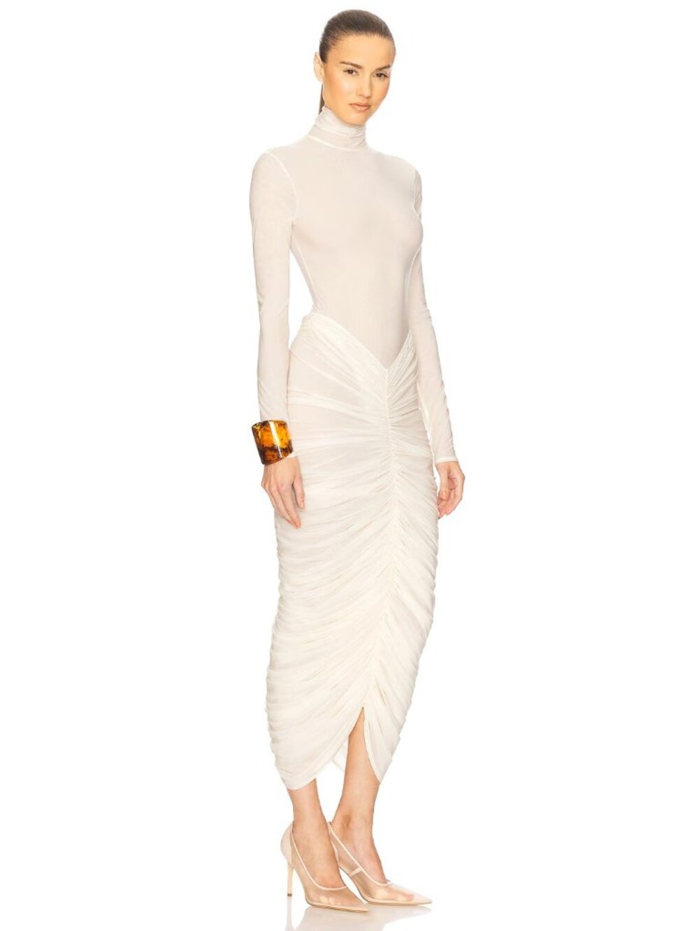 Helsa NEW Super Sheer Ruched Ivory Turtleneck Maxi Small Dress Womens